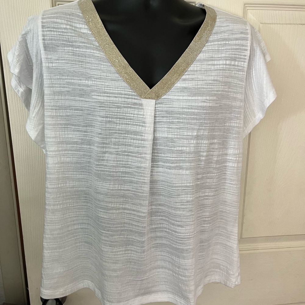 White w/Gold V-Neck Women's Top